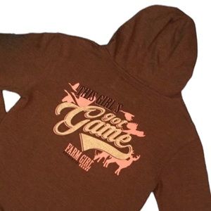 Women’s Farm Girl Large “Girls Got Game” Hunting Long Sleeve Brown Hoodie